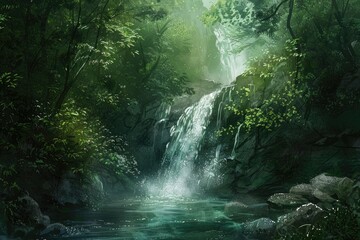 A secluded waterfall hidden deep within a rainforest, surrounded by emerald foliage.