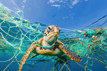 A sea turtle ensnared in discarded fishing nets, highlighting the threat of marine debris to ocean wildlife. - obrazy, fototapety, plakaty