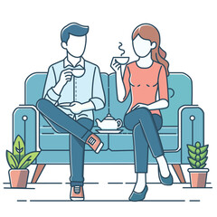 Husband and wife are sitting on the sofa and drinking tea, flat vector illustration concept design