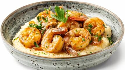 Appetizing top view image of creamy grits and sauteed shrimp, enhanced with a flavorful sauce, perfect for food advertising, isolated setting