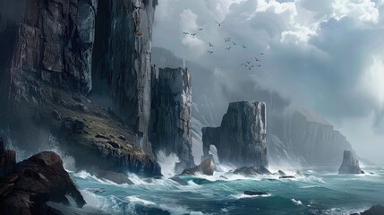 A rugged, rocky coastline with towering cliffs and crashing waves below. - Powered by Adobe