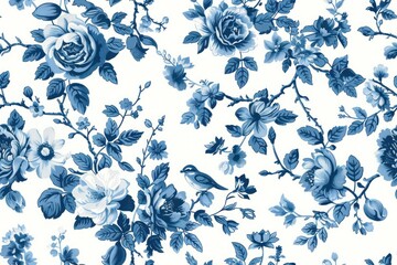 Vintage French Blue Floral Timeless blue and white floral pattern, ideal for vintage-themed interiors, seamñess pattern, background