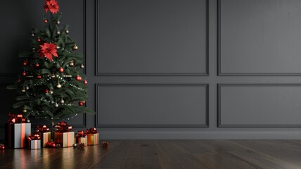 Elegant Christmas tree in a modern room setting - A modern Christmas tree adorned with red baubles and presents in a contemporary room with paneling