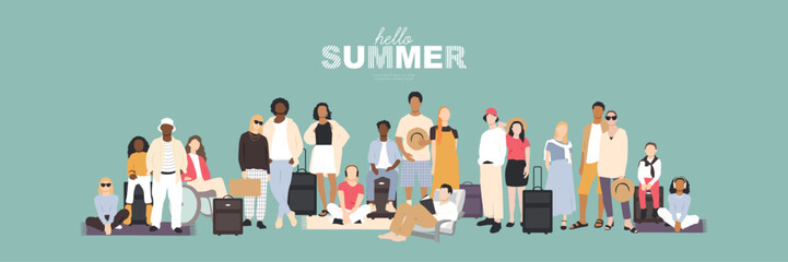 Hello Summer! Different people stand together with suitcases. Vacation concept.