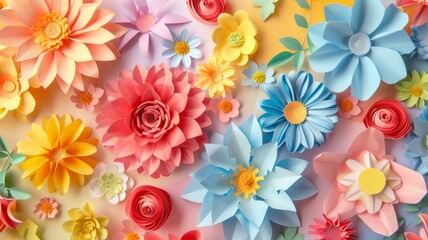 Paper flowers in pastel tones from birds-eye view - A soft and inviting display of handmade paper flowers in pastel colors neatly arranged and viewed from above