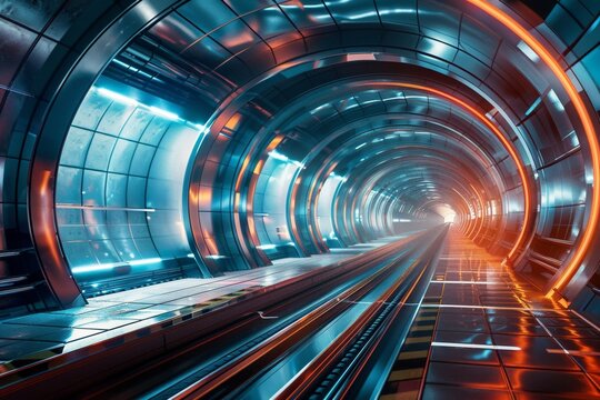 Futuristic subway system with high-speed trains and automatic platforms