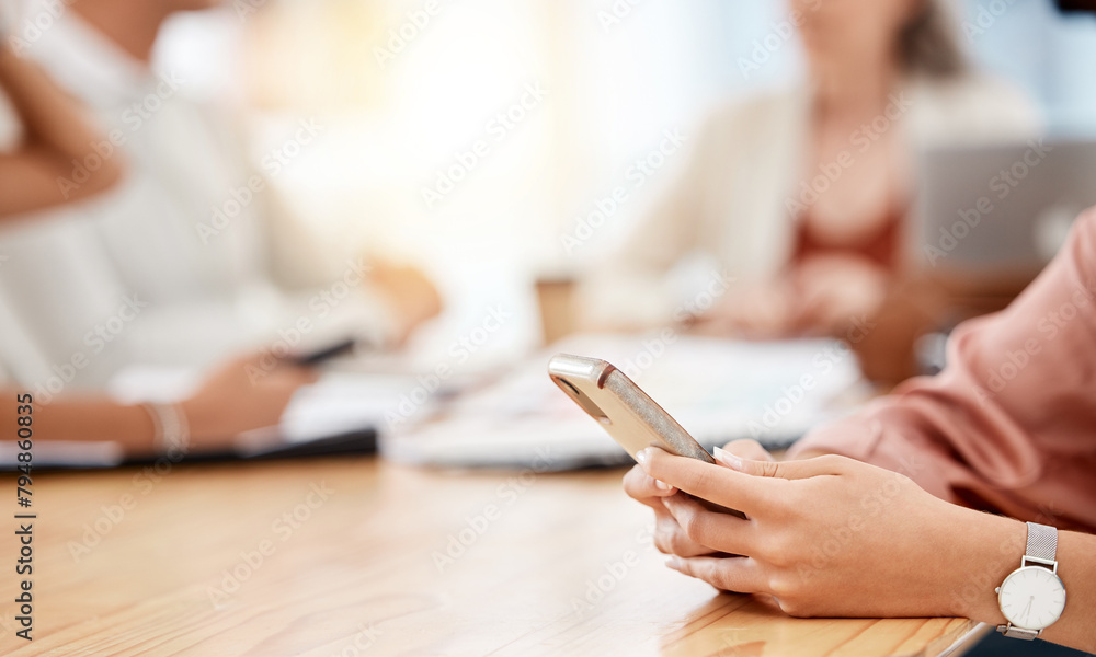 Poster hands, phone and communication in meeting at startup with texting, networking or contact on mobile a
