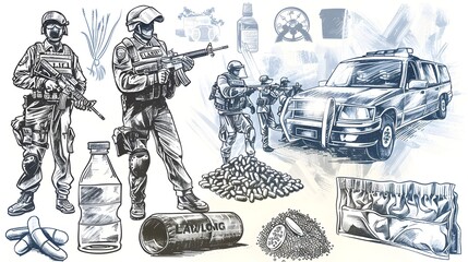 Law Enforcement Combating Drug Trafficking and Illicit Trade Raids Arrests and Targeting Drug Dealers and Traffickers - obrazy, fototapety, plakaty