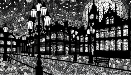 B&W Stained glass Victorian town
