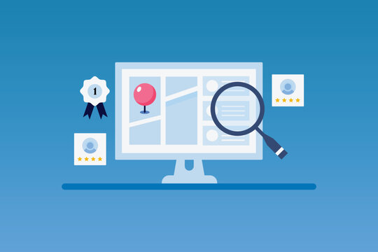 Local business SEO, Search engine optimization for local business, Customer review for business listing. Vector illustration banner.