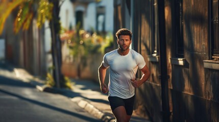 Athlete Embraces Outdoor Fitness, Engaging in Summer Running Session along Urban Roads. A sporty...