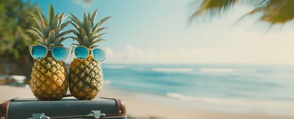 Beach Bliss. Sunglass-Wearing Pineapples Lounge on the Shoreline, Immersed in the Warmth of Sunbathing Leisure. Holiday and vacation concept banner with a seaview - obrazy, fototapety, plakaty