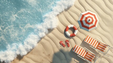 a place for two to take a sunny day near the coastline, which is washed by a pure strong sea wave. top view of two sunbeds and sun umbrella - obrazy, fototapety, plakaty