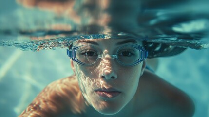 A close-up portrait showcasing the sheer strength and motivation of a young swimmer navigating the pool under water, her spirited expression radiating pure excitement