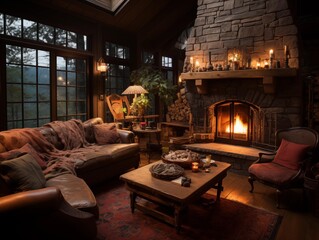 A Cozy Evening by the Fireplace in a Mountain Cabin - obrazy, fototapety, plakaty