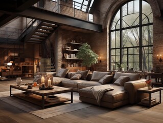 Fototapeta premium A cozy evening in a modern loft living room with large windows