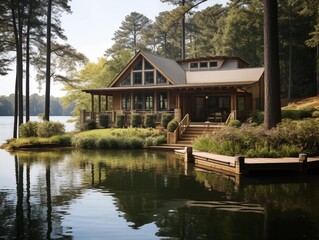 Fototapeta na wymiar A Lakeside Cabin in Serenity on a Calm Morning