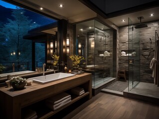 A Luxurious Evening in a Mountain View Bathroom - obrazy, fototapety, plakaty