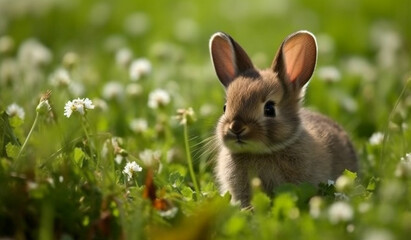 A baby bunny exploring a patch of clover in a sunny field, its ears twitching with every sound.