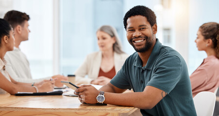 African man, tablet and portrait at startup with smile in office with group, schedule and contact...