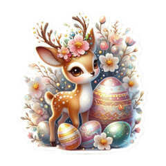 doe with easter egg cute easter sticker illustration