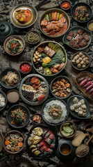 Assorted Korea food set dishes on a red cloth table. Asian food, top view, red background