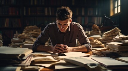 Ambitious young man preparing for a challenging exam in the university study hall.