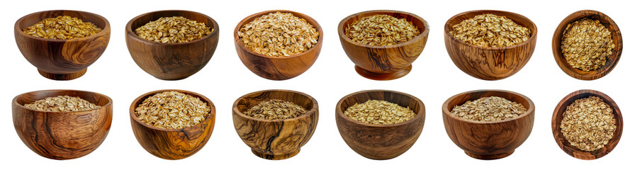 Wooden bowls of raw oats cut out png on transparent background