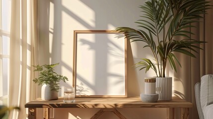 Aesthetic frame mockup poster resting on a wooden coffee table illuminated by sunlight in a cozy living area. frame mockup.