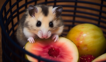 A baby hamster nibbling on a piece of fresh fruit in its cozy cage.