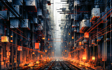 Cyberpunk Cityscape Corridor with Neon Lights and Futuristic Architecture