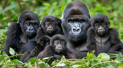 Obraz premium A group of gorillas sits together on a lush green field, surrounded by trees in the background