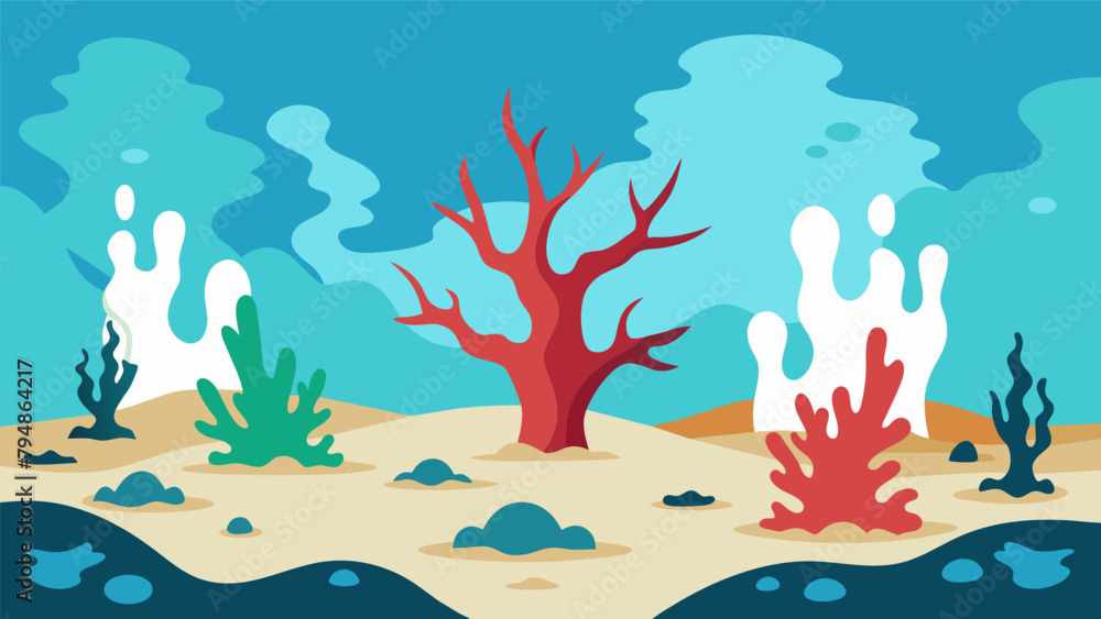 Poster a depiction of a dying coral reef bleached and lifeless due to the runoff from textile dyeing proces