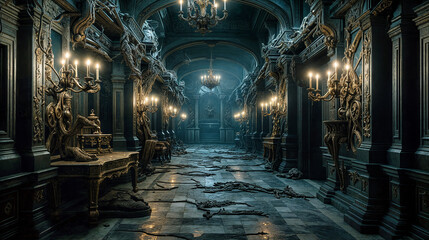 Gothic Hallway with Baroque Details and Candlelight Illumination at Night