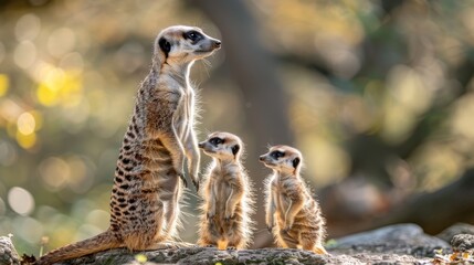   Three meerkats atop a rocky mound, surrounded by trees in the background