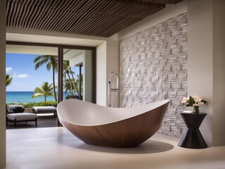 A Modern Bathtub Overlooking the Ocean in a Luxurious Tropical Villa