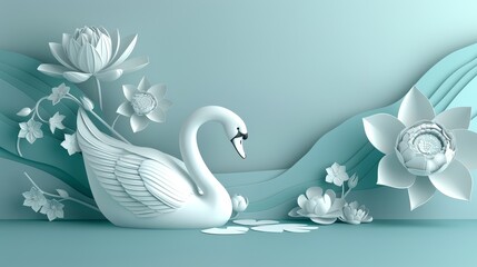   A pristine swan glides atop clear water, near a white blossom and verdant plant with green leaves
