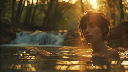 A European woman with short hair turns her head to the camera as she plays in a waterfall in a park. Behind her, the sun shines, the background blurred.Generative AI illustration.