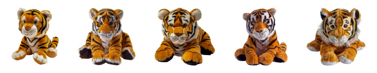 Lifelike plush tiger toys arranged cut out png on transparent background