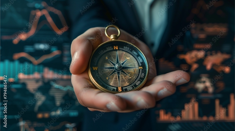 Poster a business professional holds a vintage compass in front of a background with financial graphs and c