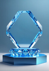 Crystal empty podium diamond 3d background display glass jewelry product render blue platform, mockup