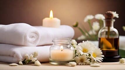 Beautiful spa decoration by candle and white flowers with beauty products