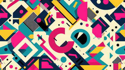 Background illustration, Seamless geometric pattern in retro 90’s style. Background 90s style with typical colors and shapes.