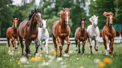   Group of horses galloping in a lush green field, dotted with flowers in the foreground Trees line the background - obrazy, fototapety, plakaty