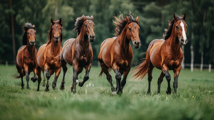   A group of brown horses runs in a field of green grass Trees line the backdrop - obrazy, fototapety, plakaty