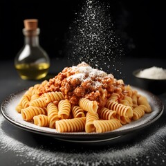 Succulent Italian pasta dish on a black background