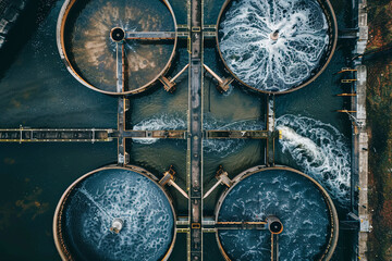 Sewage treatment plant from above. Grey water recycling. Waste management theme. Ecology and environment in European Union
