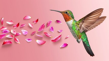   Hummingbird hovering by pink flowers against a pink backdrop with heart-shaped petals