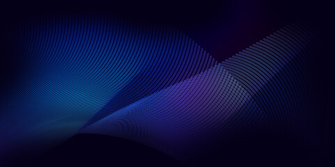 Dark abstract background with a glowing wave. Shiny moving lines design element. Modern purple, blue gradient flowing wave lines. Futuristic technology concept.
