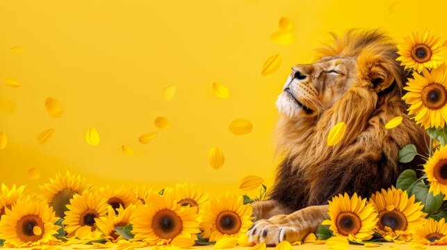   A lion amidst sunflowers against a yellow backdrop, confetti issuing from its open maw